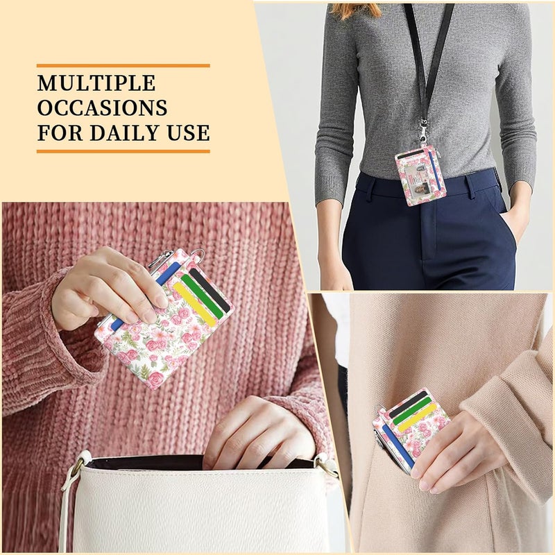 Hancynir Slim Wallet Women Credit Card Holder Rose Flower Floral RFID Blocking Small Cute Card Wallets Mini Front Pocket PU Leather Card Case Thin Travel Zipper Coin Cash Ladies Female Wallet Gifts - Image 3